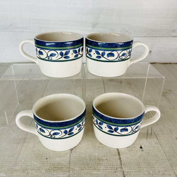 Pfaltzgraff ORLEANS Blue Green Vines Yellow Stoneware Flat 8oz Cups Mugs Set 4 - Picture 2 of 16